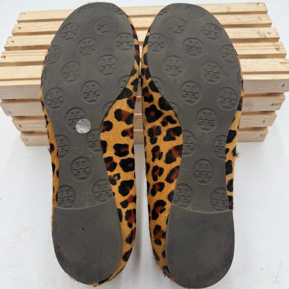Tory Burch Ballet Flats Reva Calf Hair Leopard Print Brown Womens Size 7M